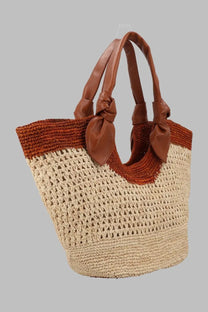 Hereu women’s borsa fonol beige raffia tote bag with rust accents and brown leather handles tied into bows