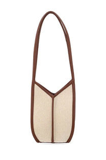 Hereu women’s calella bucket bag beige woven canvas with brown leather trim and handles shoulder bag