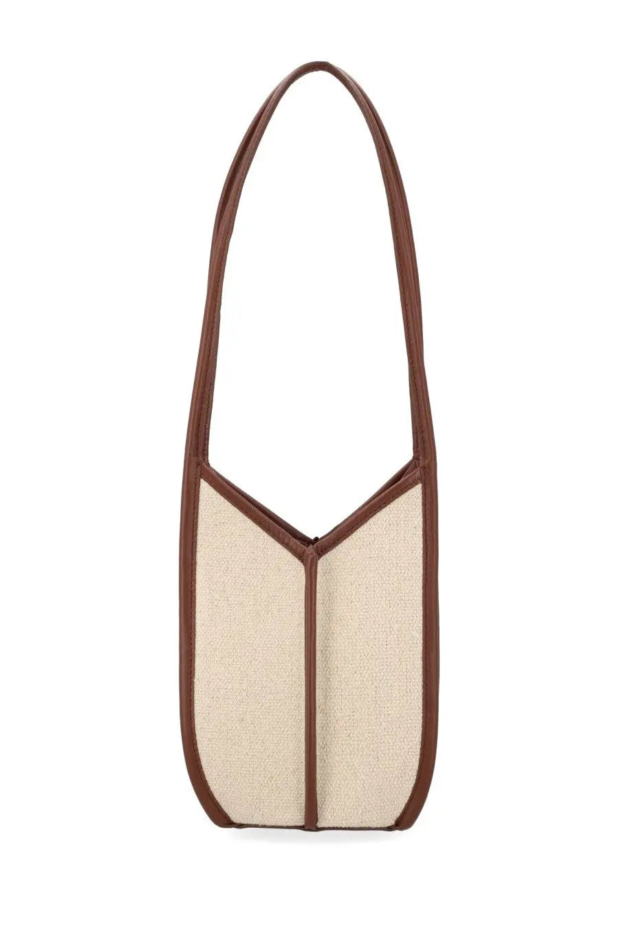Hereu women’s calella bucket bag in beige woven canvas with brown leather trim and shoulder handles