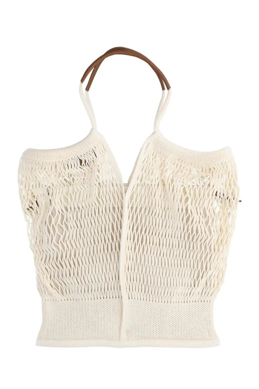 Hereu women’s cotton tote bag in pink with off-white knitted mesh and brown leather handles