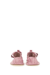 Hereu women’s dansa shoe blue pink satin sandals with ruffled design and adjustable ankle straps front view