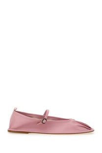Hereu women’s dansa shoe blue soft pink satin flat with delicate strap and buckle across the instep