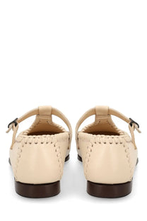 Beige leather mary jane flats with braided detailing and dark brown soles from hereu women’s moccasin alcover white collection