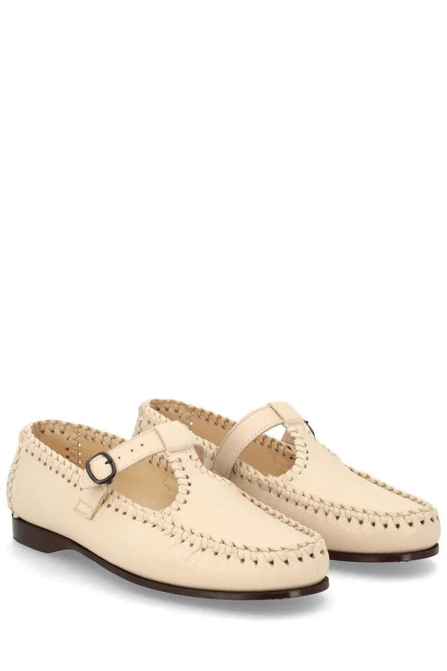 Hereu women’s moccasin alcover white cream-colored leather loafers with t-strap and decorative stitching