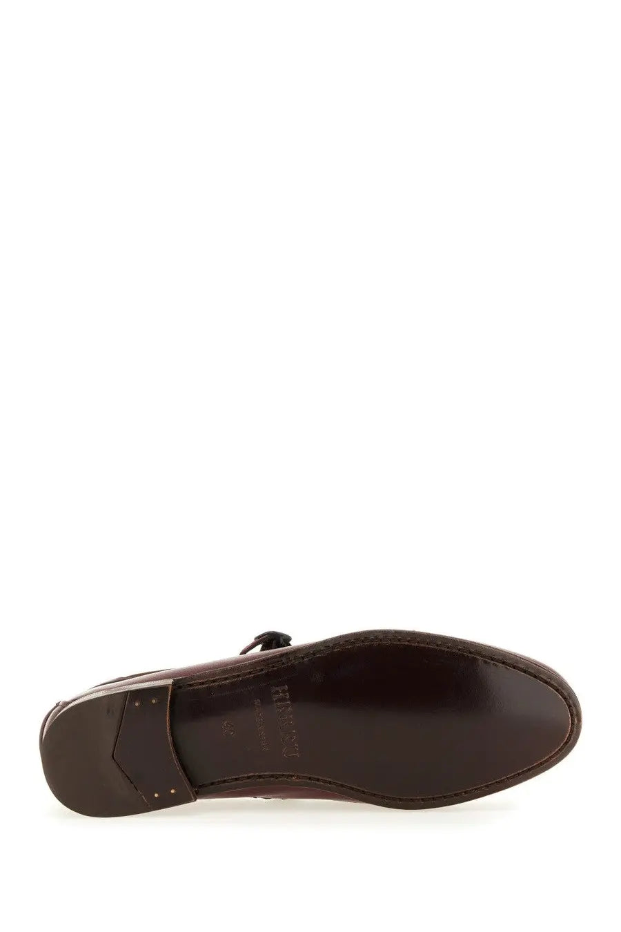 Brown leather loafer with polished finish and visible stitching along the sole in Hereu women’s moccasin mary jane Lorea supple shiny red