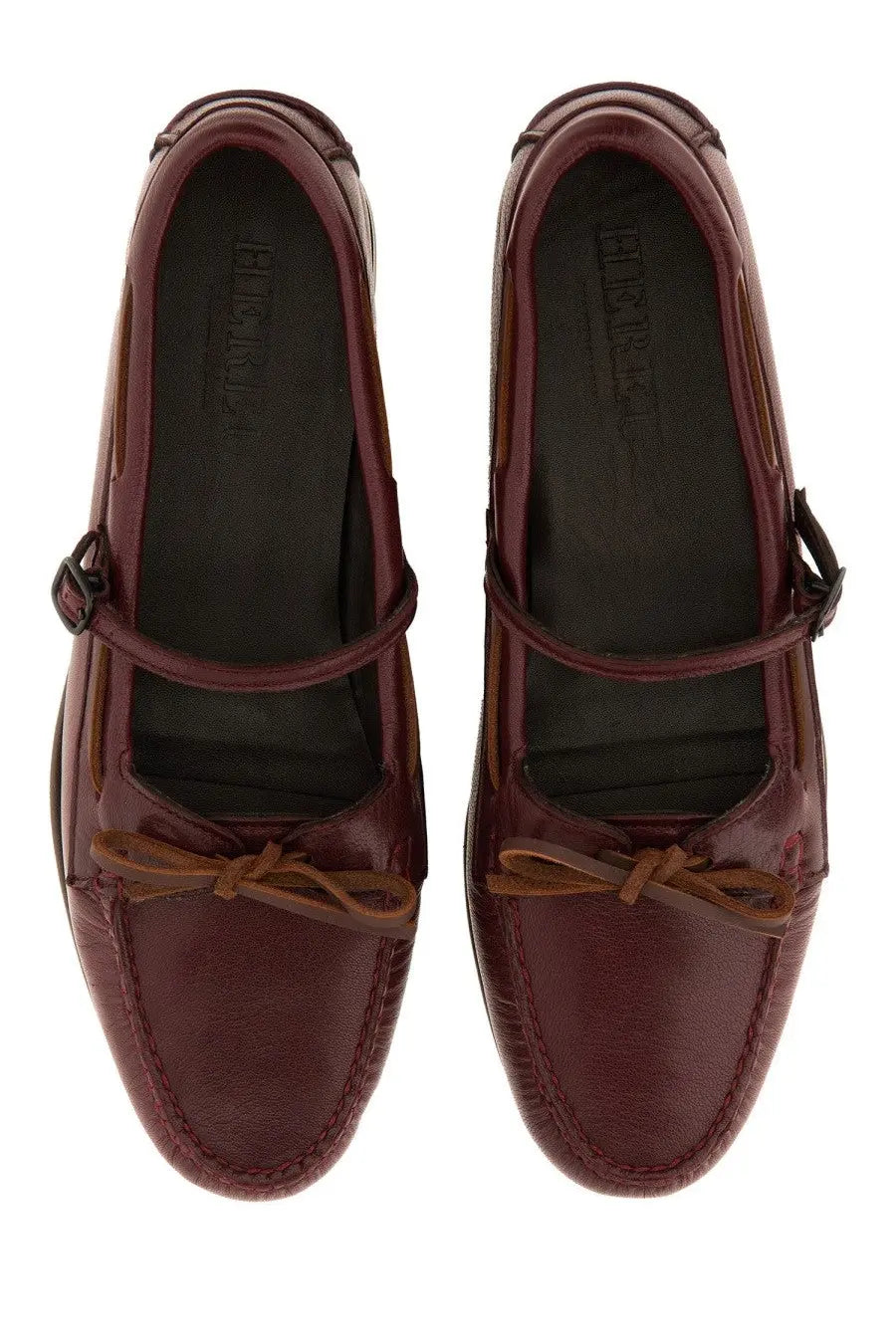 Hereu women’s moccasin mary jane lorea supple shiny red leather loafers with matching bow and adjustable strap closures