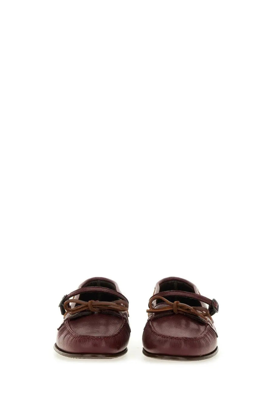 Hereu women’s moccasin Mary Jane Lorea supple shiny red leather loafers with brown laces and black buckle details