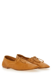 Hereu women’s moccasin rassa beige tan leather loafers with pointed toes and decorative lace-up detailing