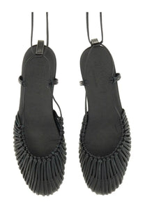 Hereu women’s sandal Mantera black woven leather with braided fringed design and adjustable ankle straps