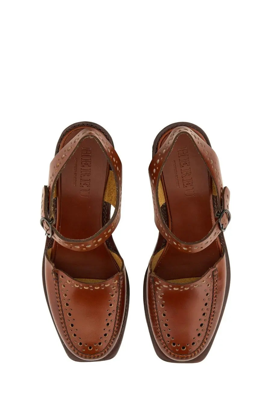Hereu women’s brown leather sandals with classic brogue design and adjustable ankle straps