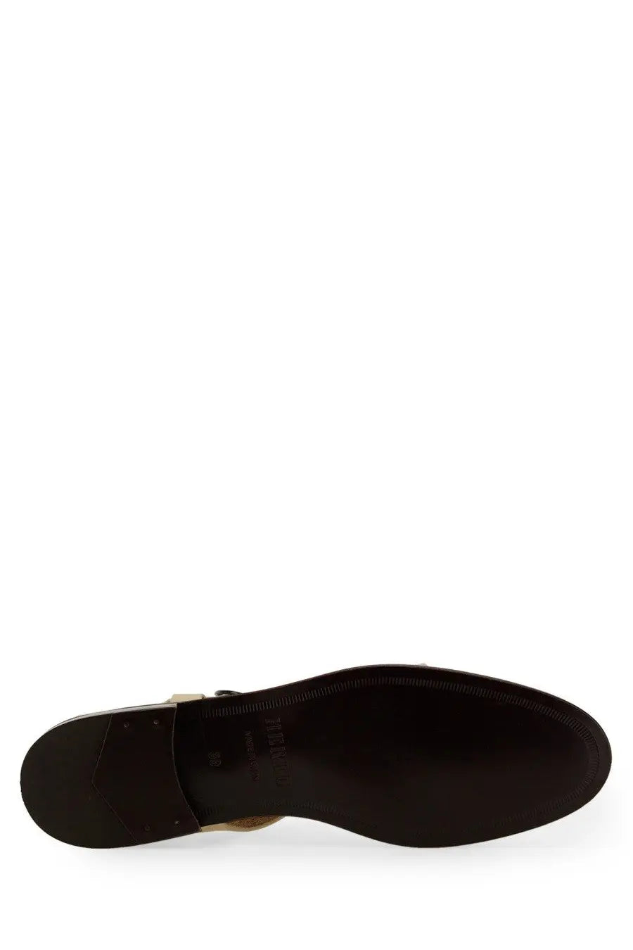 Hereu women’s sandal peach beige with black leather sleek minimalist design and subtle metallic accent near the heel back view