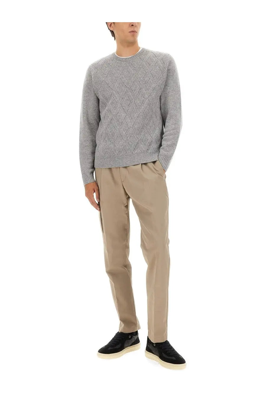 Herno men’s cashmere sweater grey with gray diamond-patterned knit and ribbed cuffs and hem