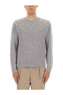 Herno men’s cashmere sweater grey heather with diamond-patterned knit and ribbed cuffs in crewneck style
