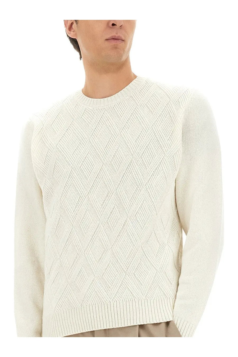 Herno men’s cashmere sweater white cream-colored knit with diamond-patterned texture and ribbed cuffs on the front