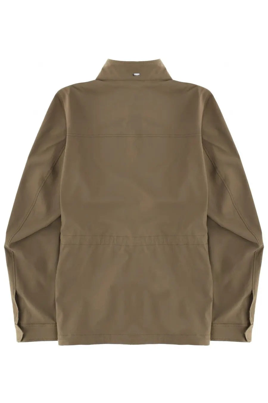 Herno men’s tan jacket with stand-up collar long sleeves and subtle stitching details in brown material