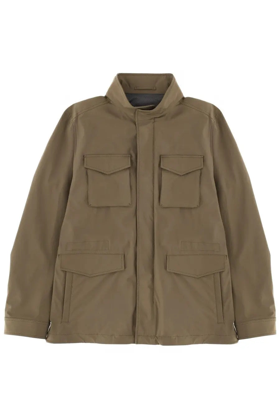 Herno men’s brown tan utility jacket with four flap pockets and stand-up collar in lightweight fabric