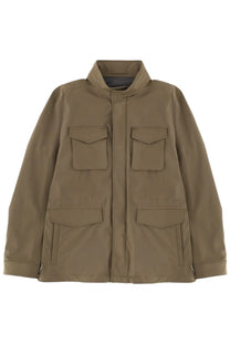 Herno men’s brown tan utility jacket with four flap pockets and stand-up collar in lightweight fabric