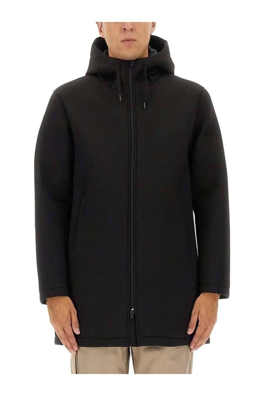 Herno men’s long parka in scuba black with a hood full-length zipper and two side pockets