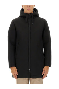 Herno men’s long parka in scuba black with a hood full-length zipper and two side pockets