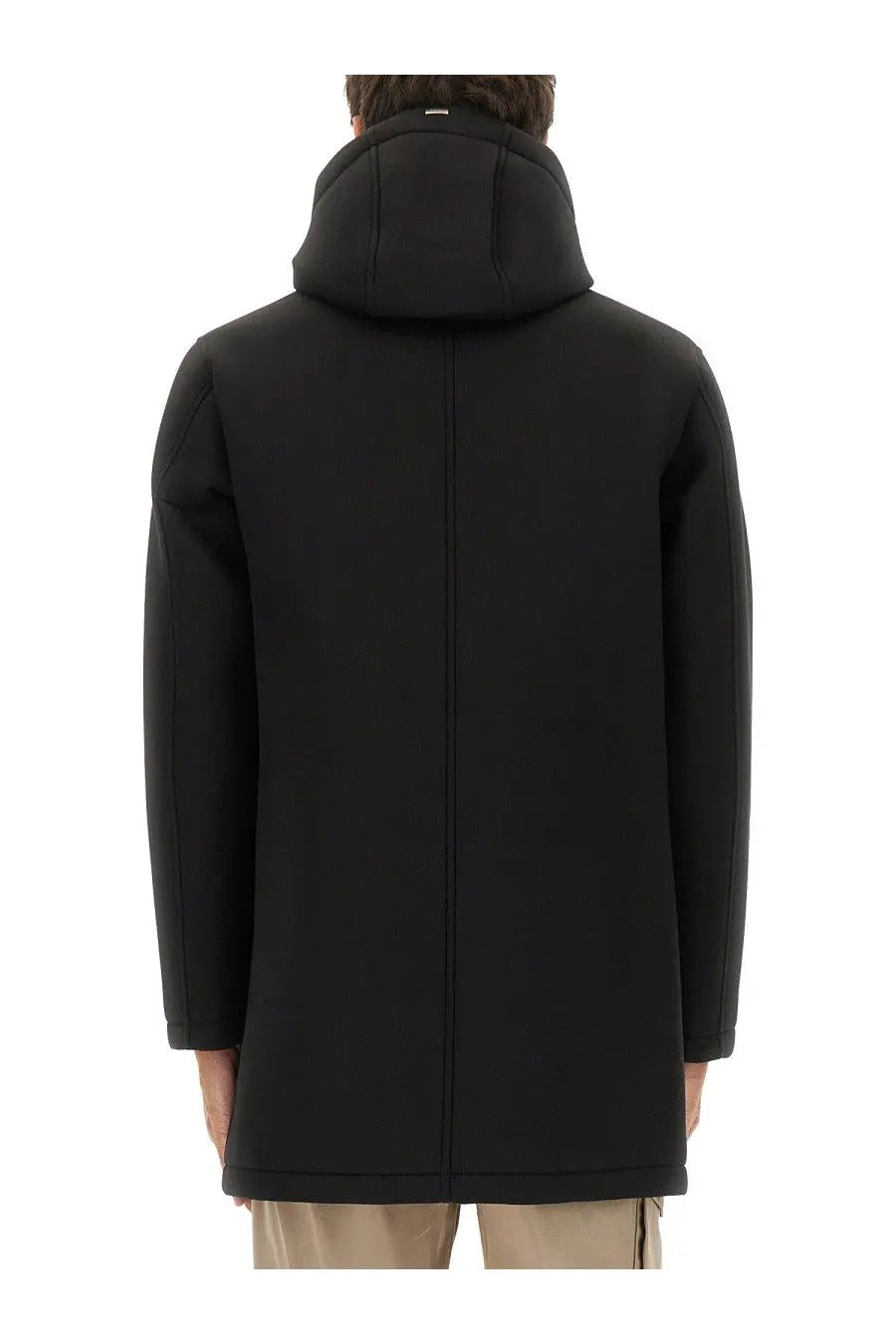 Herno men’s long parka in scuba black with a hood and sleek modern design featuring subtle seam detailing