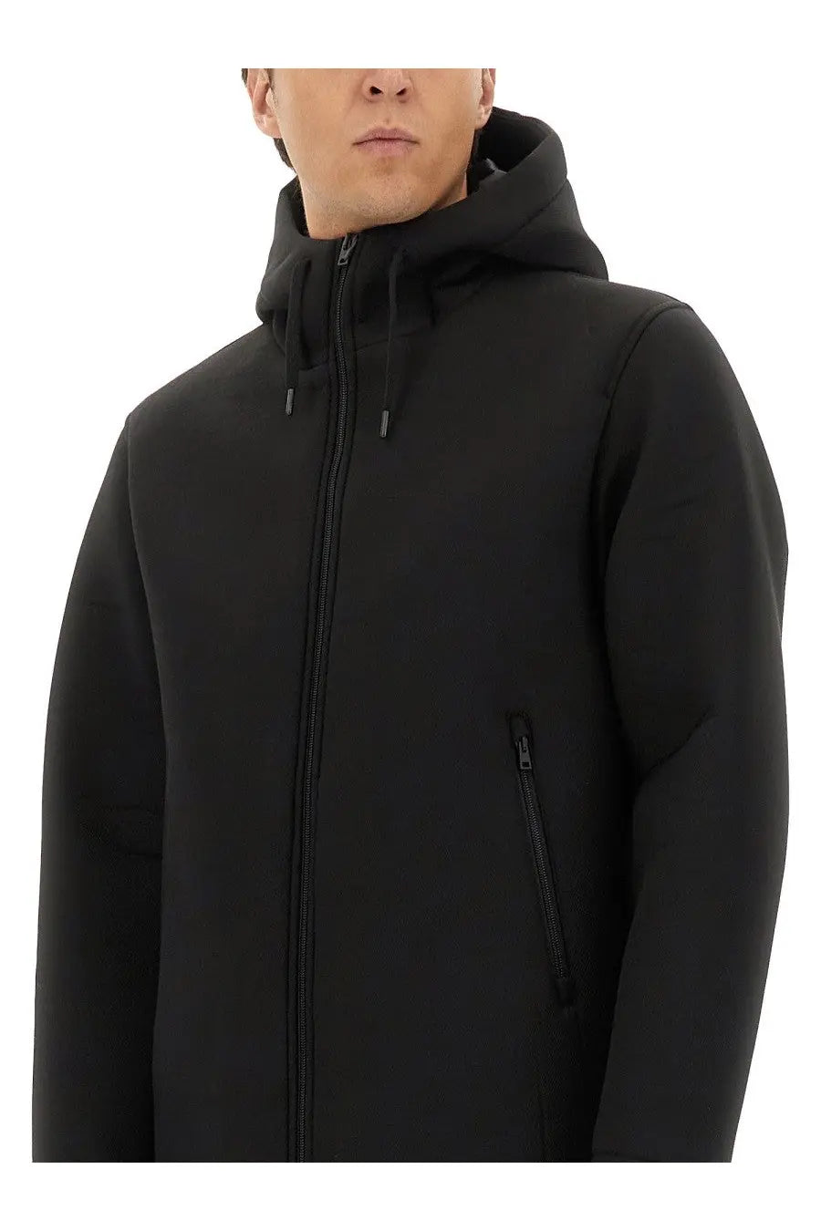 Herno men’s long parka in scuba black with black zip-up hoodie and subtle gray zipper pulls in a sleek design