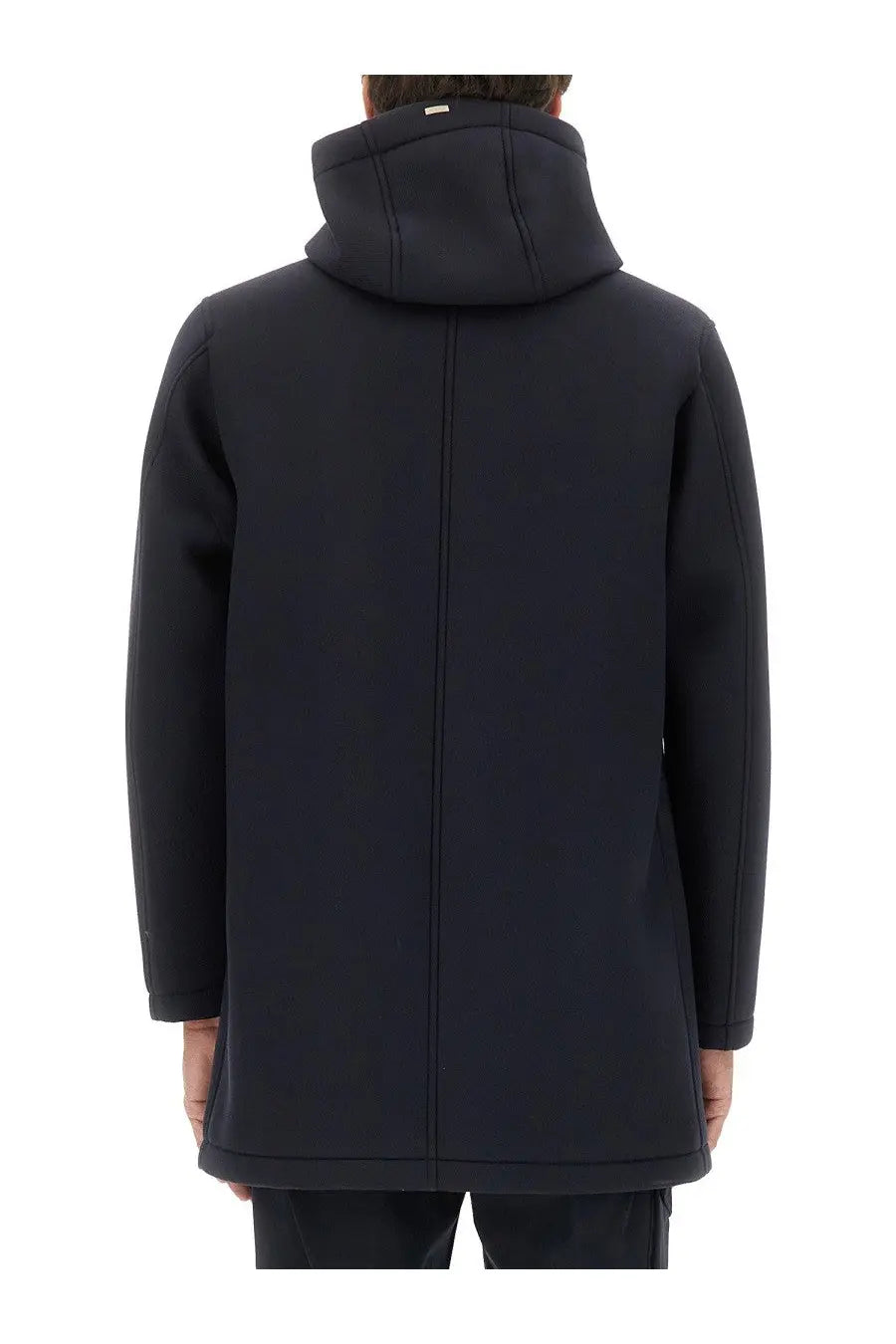 Herno men’s long parka in scuba blue with a black hooded coat featuring sleek modern design and subtle seam detailing
