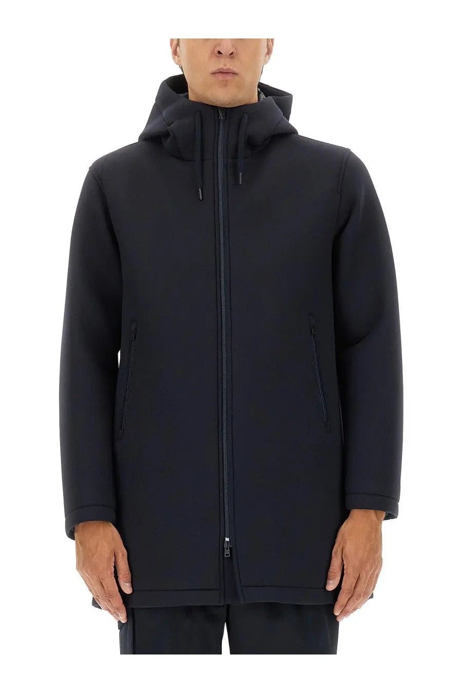 Herno men’s long parka in scuba blue with a black hooded jacket featuring a full-length zipper and two side pockets