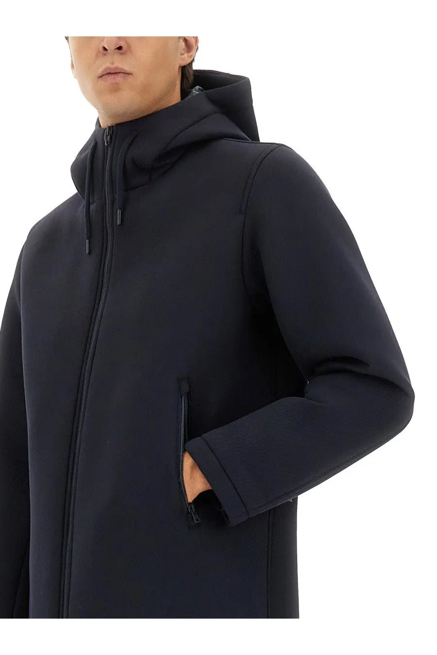 Herno men’s long parka in scuba blue with hooded zip-up design and subtle stitching detailing