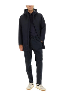 Herno men’s long parka in scuba blue with hooded design and subtle zipper detailing for modern wear