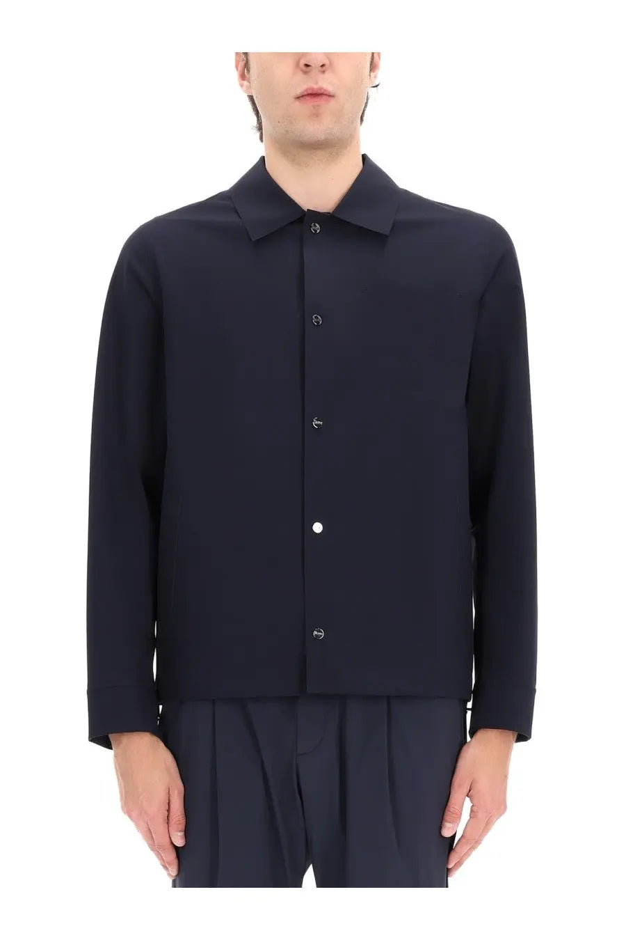 Herno men’s overshirt blue dark navy long-sleeved button-up shirt with classic collar and subtle contrast stitching