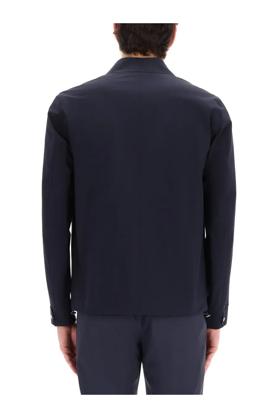 Back view of herno men’s overshirt blue sleek navy jacket with structured back and subtle seam detailing