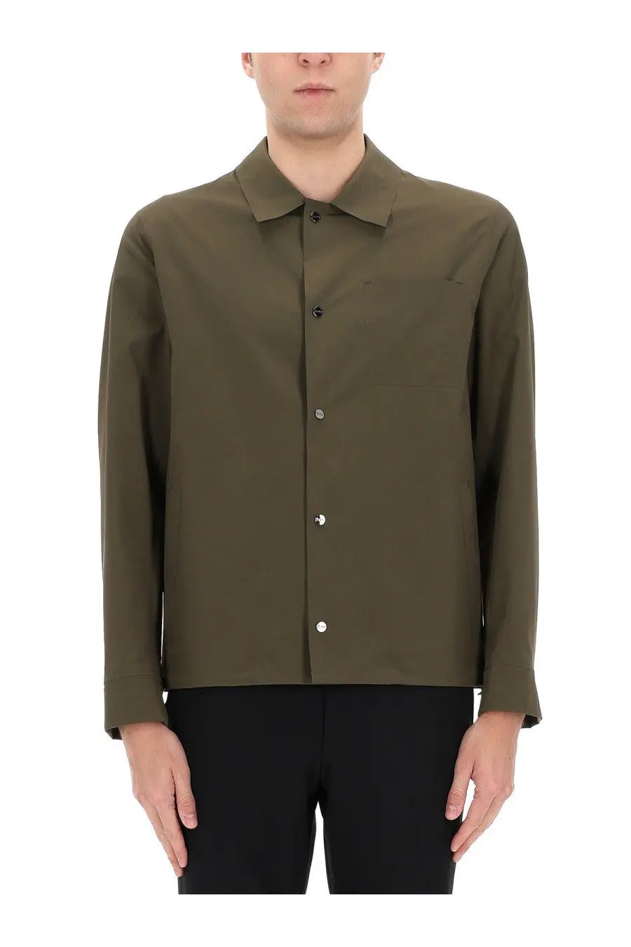 Herno men’s overshirt green olive long-sleeved shirt with classic collar and contrasting silver buttons