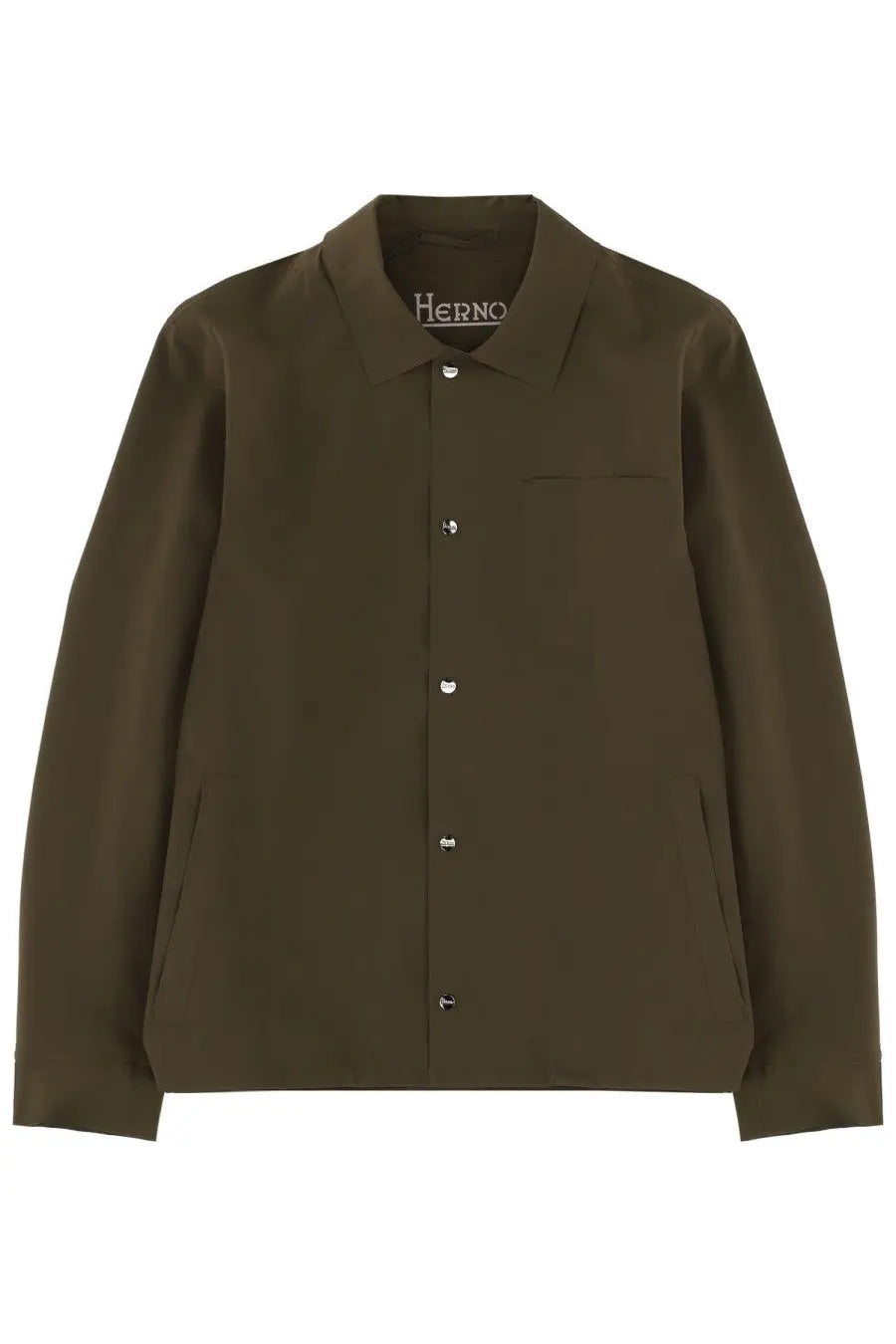 Herno men’s overshirt green olive green button-up shirt with classic collar and silver buttons for casual wear