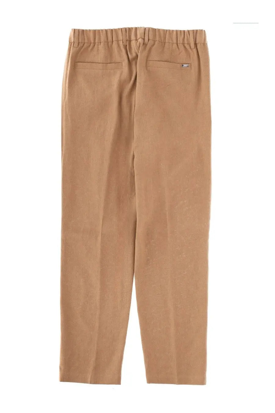 Beige cotton trousers with elastic waistband and two back pockets shown from the back in herno men’s pantalone sartoriale in lino brown