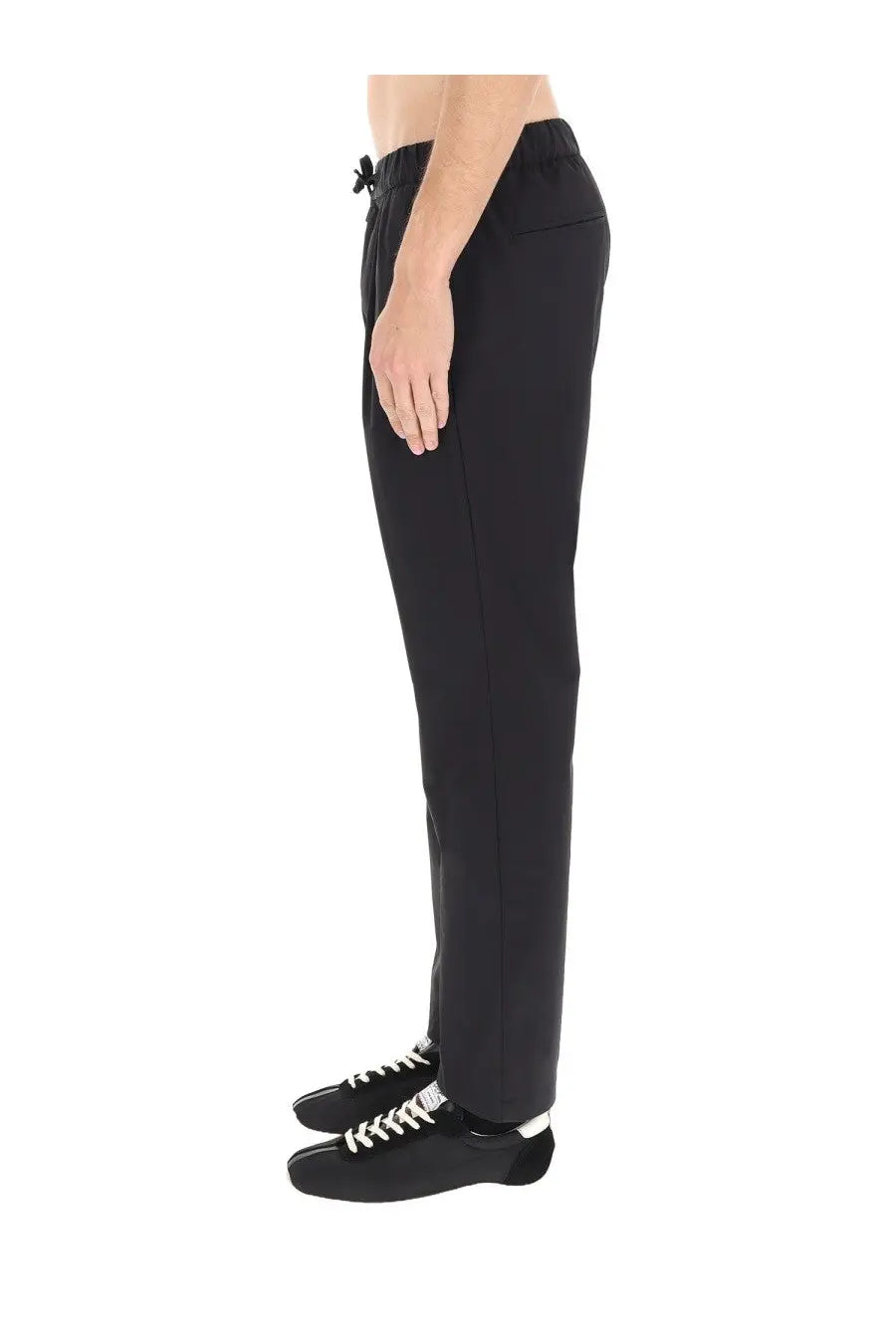 Herno men’s black tapered trousers with drawstring waistband and subtle side seam detailing for a sleek look