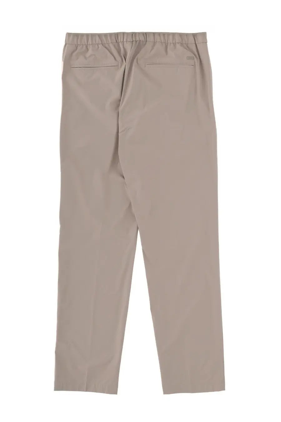Back side of herno men’s grey chino pants with beige elastic waistband and two back pockets