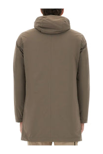 Herno men’s parka resort beige sleek olive green hooded coat with minimalist design and subtle seam detailing