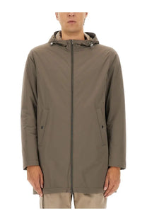 Herno men’s parka resort beige in sleek olive green with hood full zipper two pockets lightweight water-resistant fabric