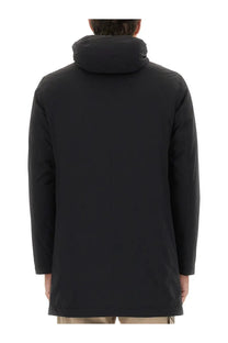 Black hooded coat by herno with sleek minimalist design ideal for men’s parka resort wear in black color