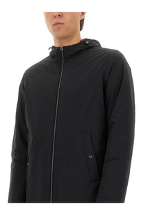 Herno men’s parka resort black hooded jacket with full-length zipper and subtle branding on the pocket
