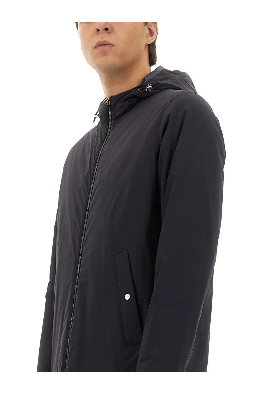 Herno men’s parka resort blue black hooded jacket with sleek minimalist design and silver zipper accents