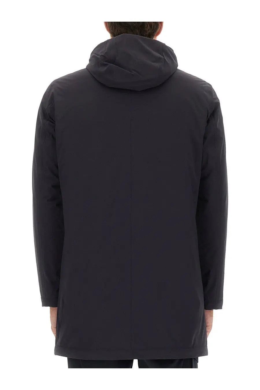 Black hooded trench coat with sleek minimalist design shown from back in herno men’s parka resort blue collection