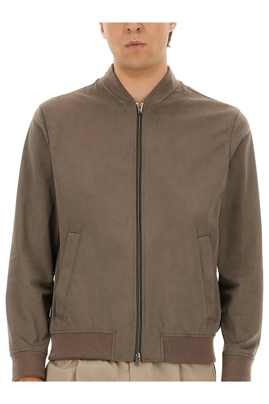 Herno men’s resort bomber jacket in olive green with matte finish ribbed cuffs and waistband made from suede alternatives
