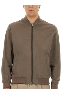 Herno men’s resort bomber jacket in olive green with matte finish ribbed cuffs and waistband made from suede alternatives