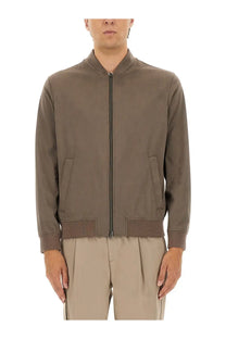 Herno men’s resort bomber jacket in suede alternatives brown features a sleek olive green matte finish with ribbed cuffs