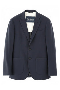 Herno men’s single breasted linen jacket blue with structured fit navy blue two front buttons and welted pockets