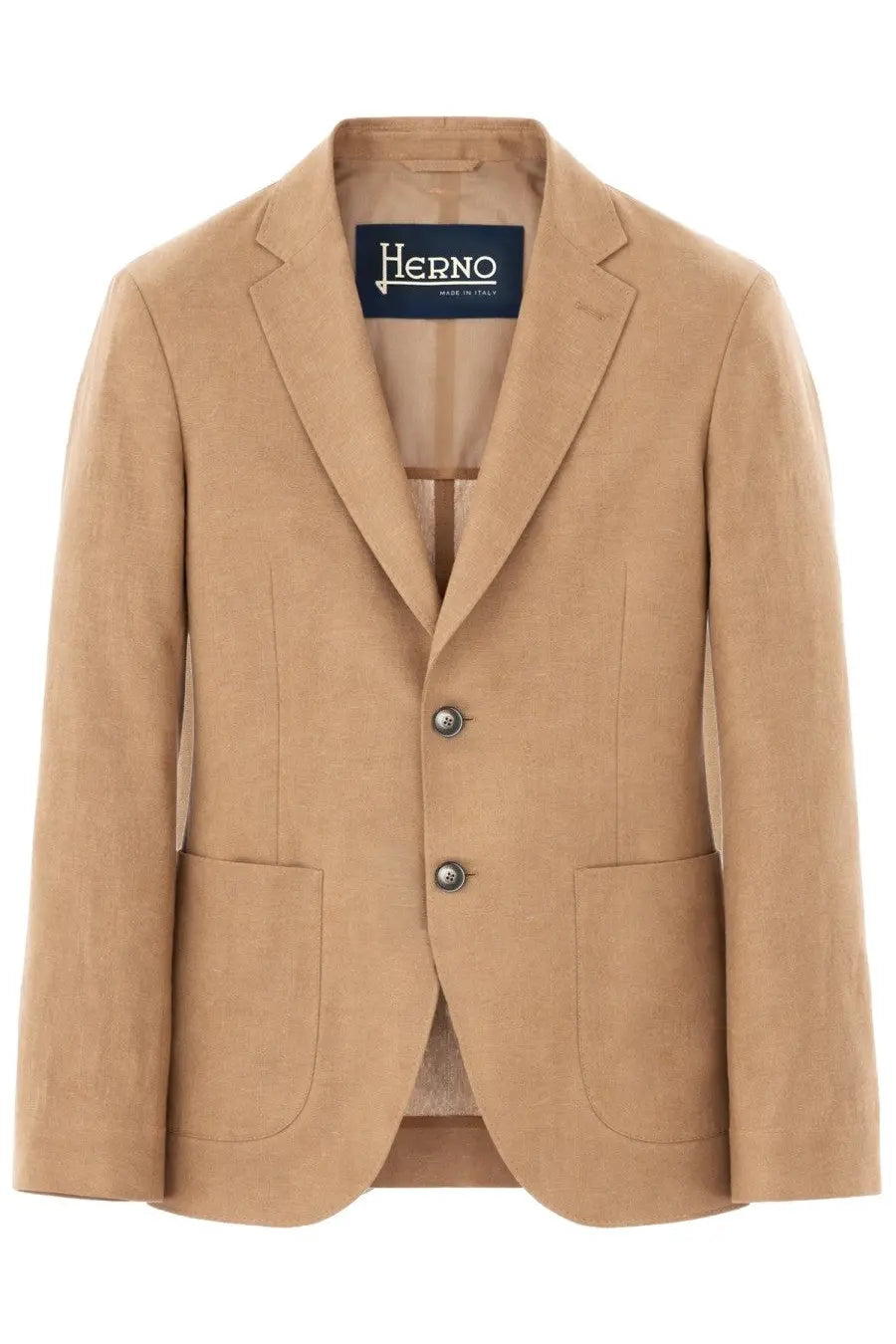 Tan herno men’s single breasted linen blazer with textured fabric two front buttons and flap pockets brown jacket