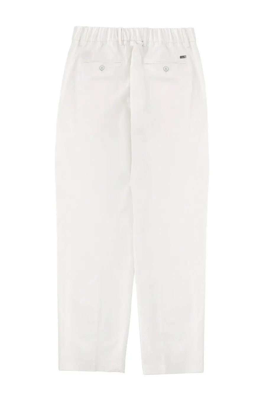 White cotton tailored trousers with elastic waistband and buttoned back pockets shown from the back by herno men