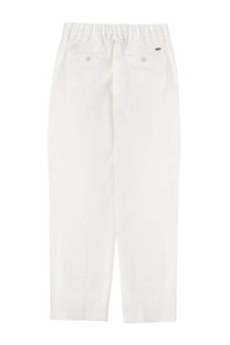 White cotton tailored trousers with elastic waistband and buttoned back pockets shown from the back by herno men