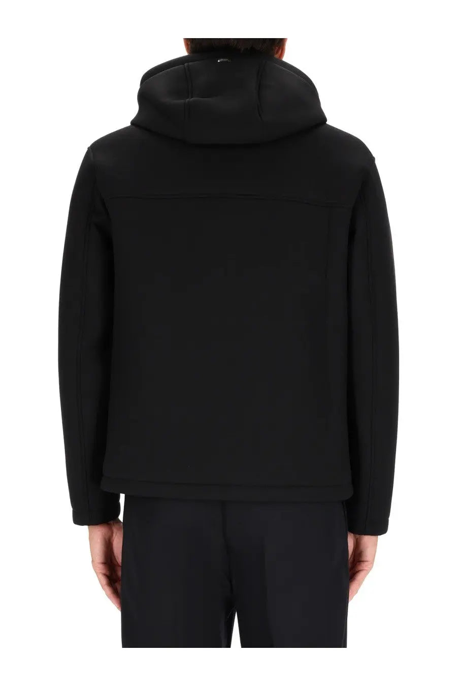 Herno men’s black hooded three layer jacket with sleek minimalist design and smooth water repellent fabric